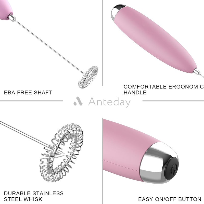 Anteday Frother Handheld for Coffee, Milk Frother Upgraded Matcha Whisk Drink Mixer Electric Mini Whisk Hand Mini Foamer Coffee Mixer for Lattes Cappuccino Frappe Matcha Hot Chocolate, Pink - Image 2